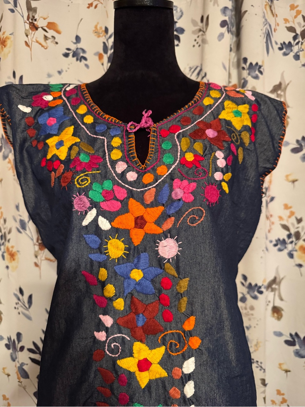 Embroidered Floral Mexican Tunic Dress - with Multicolor Floral Embroidery - Picture 2 of 10